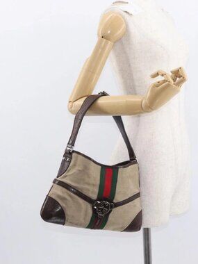 GUCCI Web Sherry Line Shoulder Bag Beige Silver Red 114877 Auth yk19547